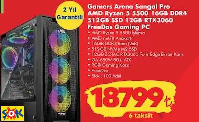 GAMERS ARENA SANGAL PRO AMD RYZEN 5 5500 16GB DDR4 512GB SSD 12GB RTX3060 FREEDOS GAMİNG PC/OYUN BİLGİSAYARI